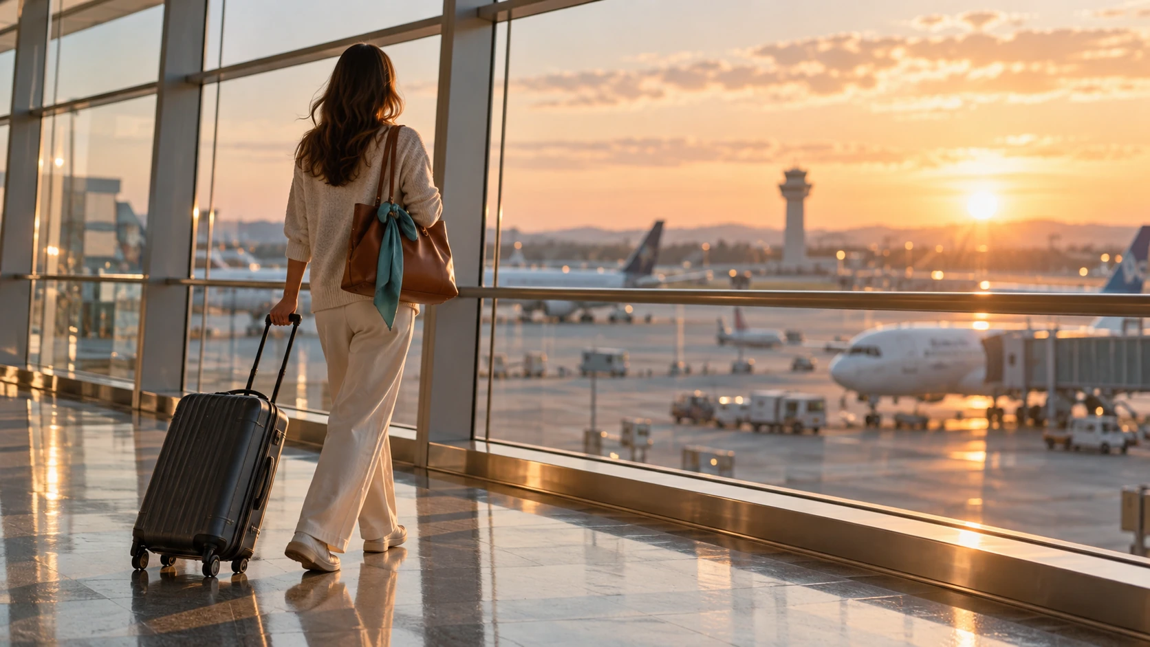 Traveller with a suitcase looking out over an airport apron
