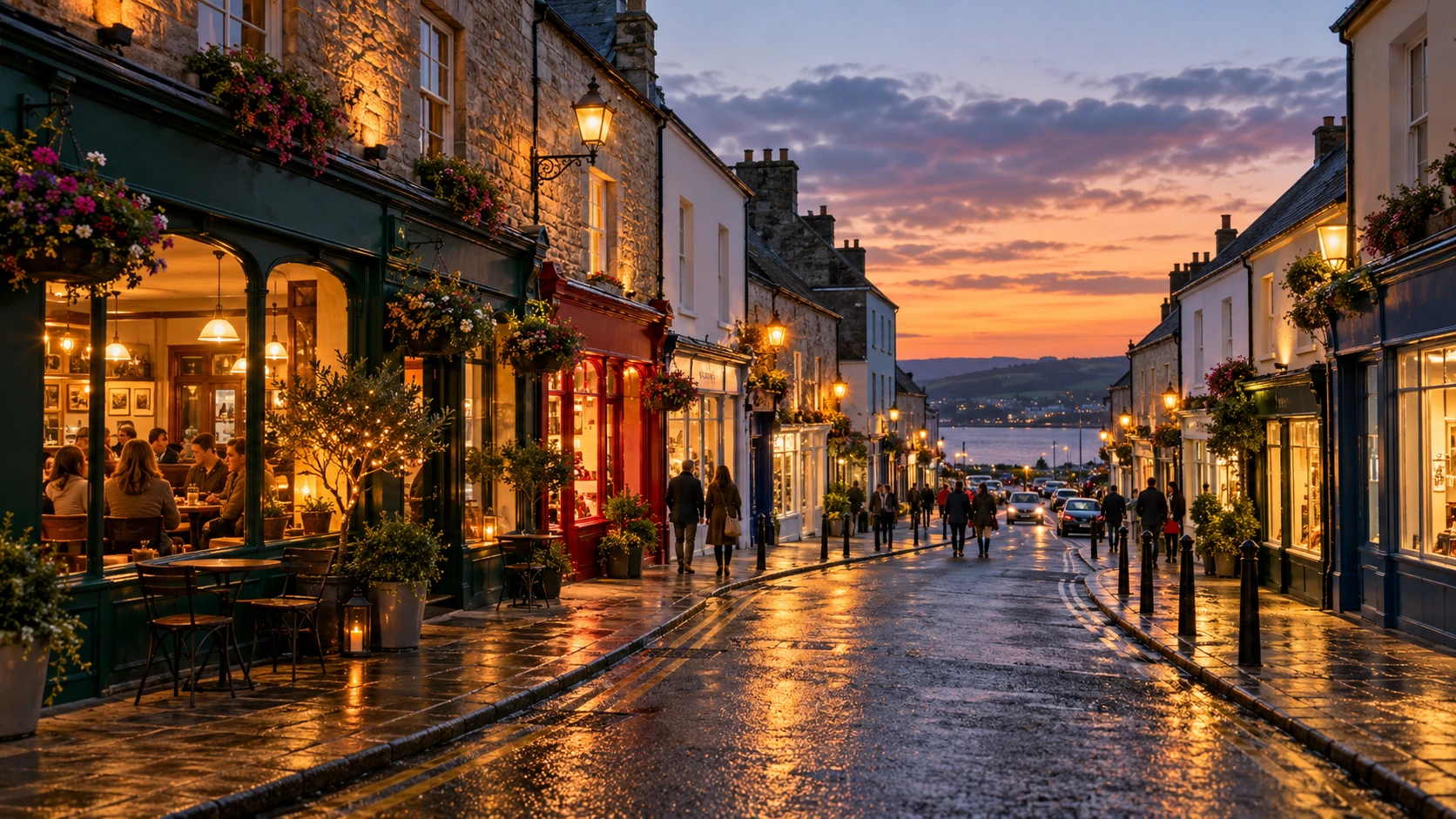 An Irish town street lit by warm shopfronts at twilight
